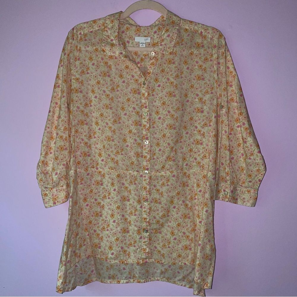 J Jill Size L Cotton Button-Up Blouse Top Yellow Orange Ditsy Floral